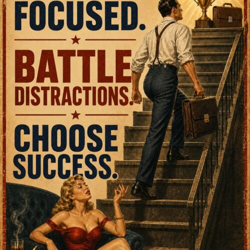 Vintage retro motivational poster showing a man climbing stairs toward a golden trophy with text 'Stay Focused, Battle Distractions, Choose Success' on sepia background.