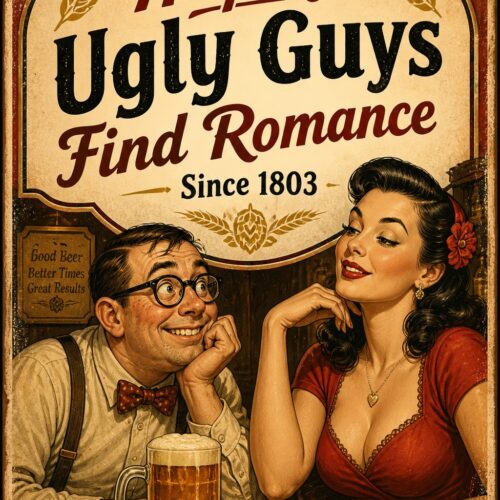 Vintage retro poster advertising beer with humorous text 'Helping Ugly Guys Find Romance' featuring a nerdy man and glamorous woman at a bar, sepia tones with distressed edges.