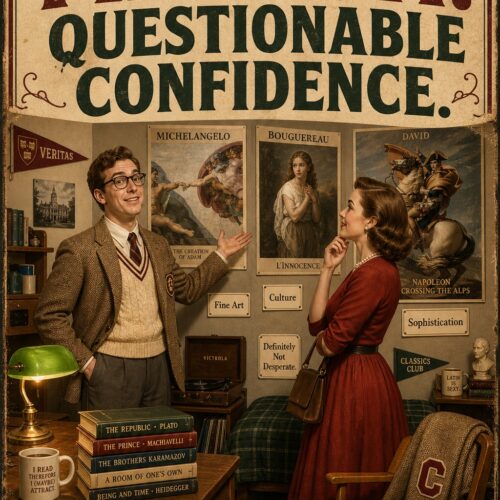 Vintage-style retro poster featuring two figures in a study with classical art framed on walls, books stacked on desk, globe lamp, and witty text about fine art and romance.