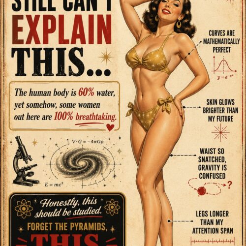 Retro vintage pin-up poster with bold red and gold typography featuring a woman and playful science humor, mathematical equations, and atomic symbols on cream background.
