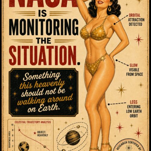 Vintage retro NASA pin-up poster with 1950s styling, celestial diagrams, and space-age humor featuring warm cream and burgundy colors.