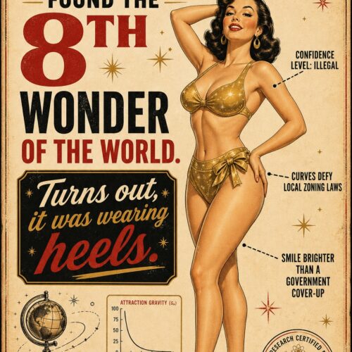 Vintage retro poster with pin-up woman and bold red text reading 'Scientists Found the 8th Wonder' with atomic symbols, globe, and scientific diagrams on cream background.