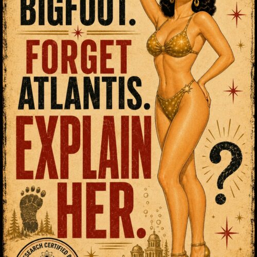 Retro vintage poster featuring a 1950s pin-up woman with text 'Forget Bigfoot. Forget Atlantis. Explain Her' surrounded by atomic symbols, bigfoot tracks, and mythical landscapes.
