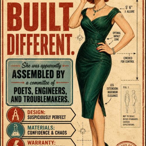Vintage retro blueprint poster of a confident 1950s woman in a green dress with engineering specs, atomic symbols, and empowerment text on cream background.
