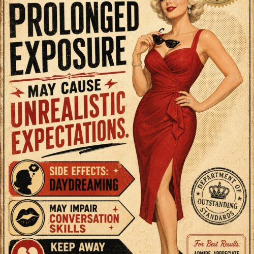Vintage retro poster featuring glamorous blonde woman in red dress with 1950s warning label design, bold typography, and playful caution graphics on cream background.