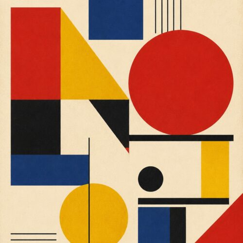 Bold geometric abstract wall art with red circles, navy rectangles, and golden yellow shapes on cream background with black lines and organic forms.