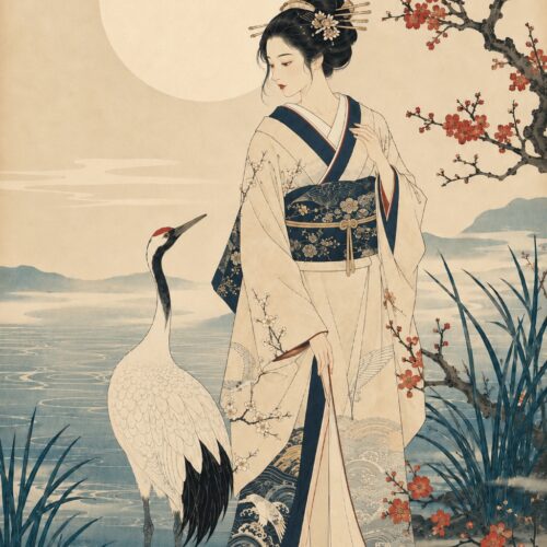 Ukiyo-e style painting of an elegant woman in traditional Japanese kimono with gold hair ornament standing beside a crane under a full moon with red plum blossoms.