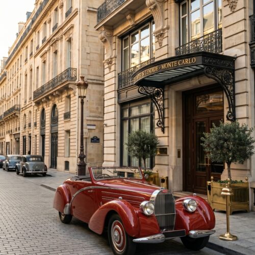 Photographic wall art of a crimson 1937 Bugatti positioned in front of ornate Parisian architecture with wrought-iron balconies and limestone facades.
