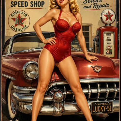 Retro pin-up poster of blonde woman in red dress posed against vintage red automobile with Lucky Lady Speed Shop signage, Sinclair gasoline and Texaco logos, and California license plate.
