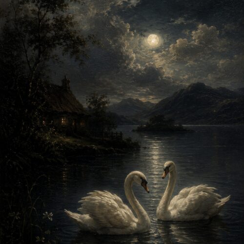 Romantic nocturne painting of two graceful white swans on a moonlit lake with full moon, castle, and misty mountains.