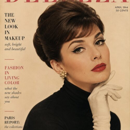 Vintage Belleza magazine cover from April 1964 featuring elegant portrait of woman with classic makeup, dark hair, and pearl earrings on cream background retro poster.