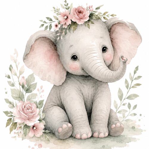 Soft watercolor baby elephant wearing a crown of pink roses and green foliage, surrounded by delicate botanical sprays on a white background.