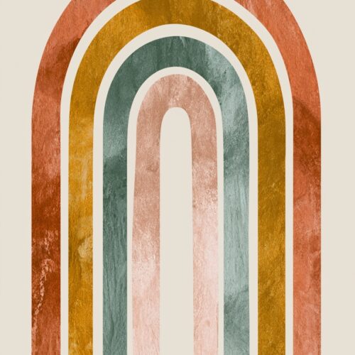 Minimalist retro rainbow arch with concentric layers in terracotta, mustard, sage, and blush on cream background.