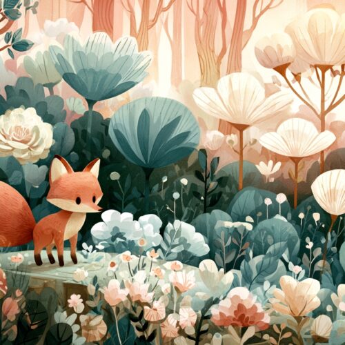 Whimsical boho illustration of a red fox in an enchanted forest garden surrounded by oversized flowers, mushrooms, and lush botanical details in watercolor style with coral and sage tones.