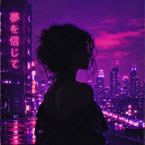 Silhouette of a figure standing on a rooftop overlooking a neon-lit purple and magenta cyberpunk cityscape with Japanese characters glowing on a building.