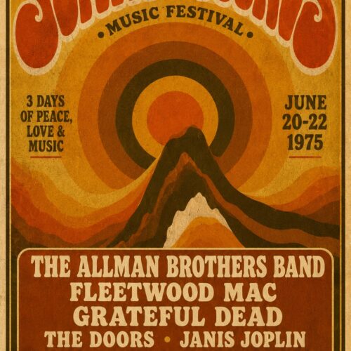 Retro 1975 Summer Sounds Music Festival concert poster featuring red lettering, concentric circles, and mountain silhouettes in warm gold and orange tones.