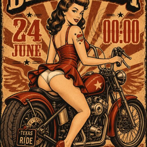 Retro biker party poster featuring a sultry pin-up woman on a motorcycle with vintage sepia and burnt orange tones, bold lettering, and weathered sign aesthetic.