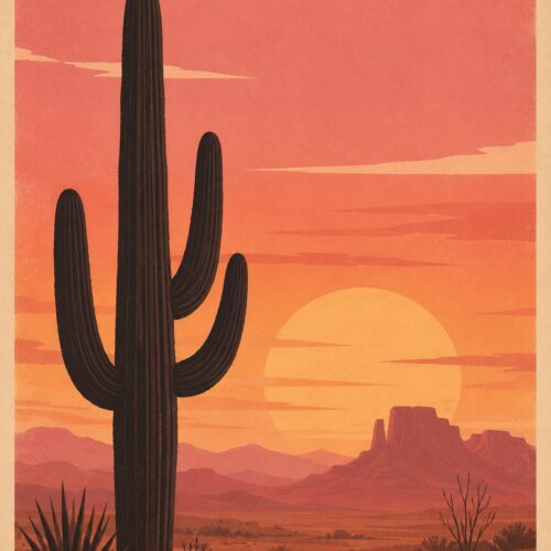 Retro desert sunset wall art featuring a silhouetted saguaro cactus against warm coral and orange sky with distant mesas and desert plants.