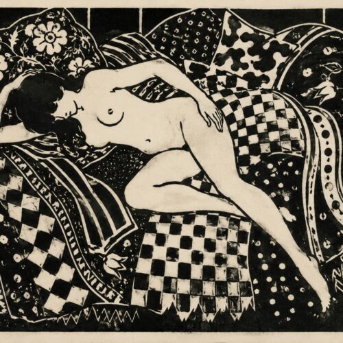 Black and white art deco lineart of a reclining female figure surrounded by ornate patterned fabrics with geometric and floral motifs.