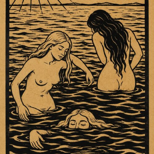 Lineart illustration of three mermaids bathing in ocean waves with radiating sun and clouds in classical woodcut style on tan background.