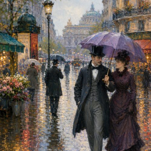 Impressionist painting of an elegant couple with purple umbrellas walking on a rainy Paris street with golden gaslight, wet cobblestones, and Sacré-Cœur dome in the distance.
