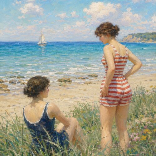 Impressionist beach scene with two women in vintage swimwear overlooking a sailboat on turquoise water with wildflowers and puffy clouds.