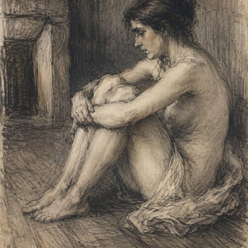 Classical sketch of a seated nude figure in contemplative pose, rendered in expressive ink cross-hatching and wash technique with interior background.