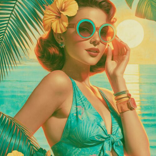 Retro pop art portrait of a confident woman in turquoise sunglasses wearing tropical print bikini, surrounded by vibrant yellow and coral hibiscus flowers and green palm fronds against golden-hour ocean backdrop.