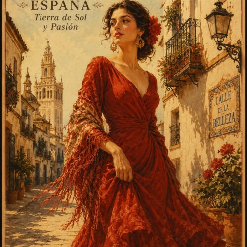 Vintage Spanish travel poster featuring an elegant woman in a crimson dress standing in a sunlit Andalusian street with colonial architecture and ornate balconies.