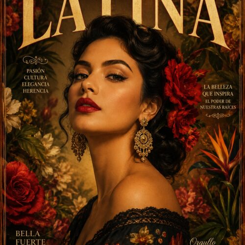 Elegant woman in vintage baroque style portrait surrounded by red and gold botanical florals with ornate gold jewelry, celebrating Latin American cultural heritage.
