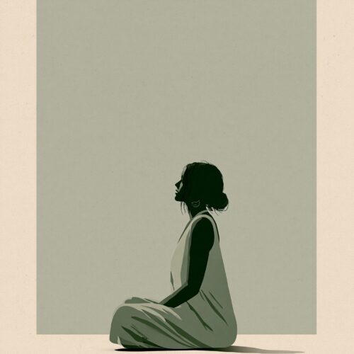 Minimalist silhouette of a seated figure in profile against a sage-green background with the word Breathe beneath, calming wall art.