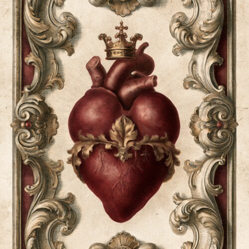 Baroque sacred heart crowned with ornate gilded scrollwork frame, burgundy anatomical heart against cream background with gold acanthus leaf flourishes.