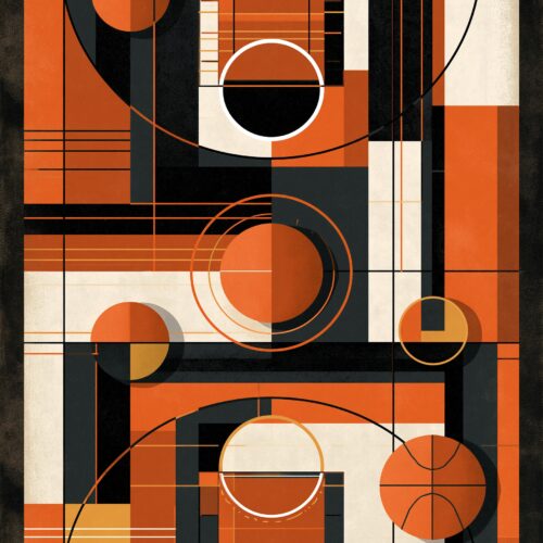 Art deco basketball poster with geometric orange, black, and cream circles and angular lines forming dynamic sports composition.