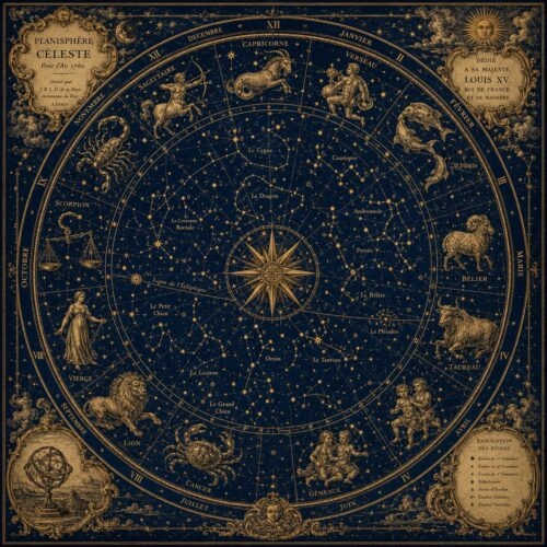 Historic 1760 Planisphere Celeste star map poster featuring midnight blue background with gold constellations, zodiac signs, and baroque border illustrations on archival wall art.