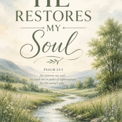 Serene watercolor poster with Psalm 23:3 scripture 'He Restores My Soul' in elegant script, surrounded by peaceful landscape with flowing stream, green mountains, and wildflowers.