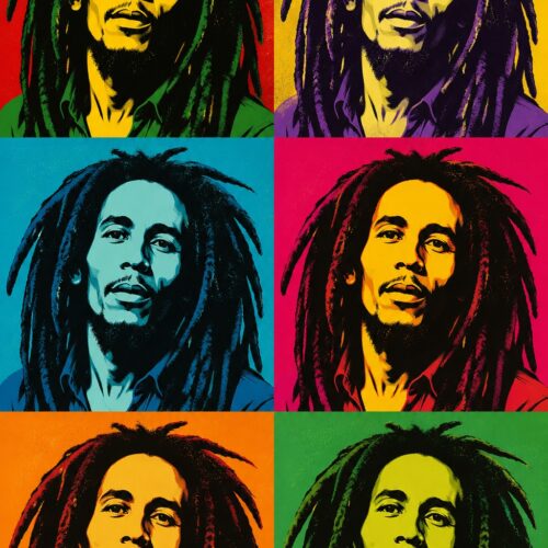 Pop art Bob Marley portrait in Warhol style with six vibrant color variations including red, yellow, blue, and green backgrounds with yellow face and black dreadlocks.