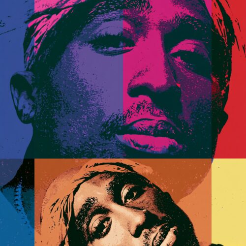 Pop art Tupac Shakur portrait in Andy Warhol style with vibrant pink, blue, orange, and yellow color blocks creating multiple perspectives of the rap icon.