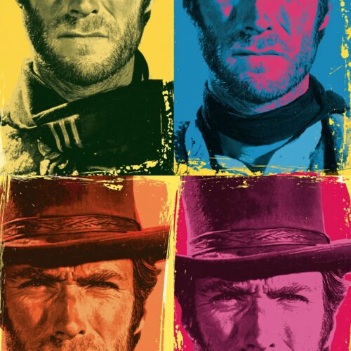 Pop art four-panel portrait of Clint Eastwood in Andy Warhol style with vibrant yellow, blue, magenta, and orange color blocks and bold black linework.