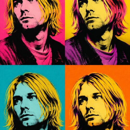 Pop art portrait of Kurt Cobain in four vibrant color variations: hot pink, yellow, turquoise, and orange with bold black line work.