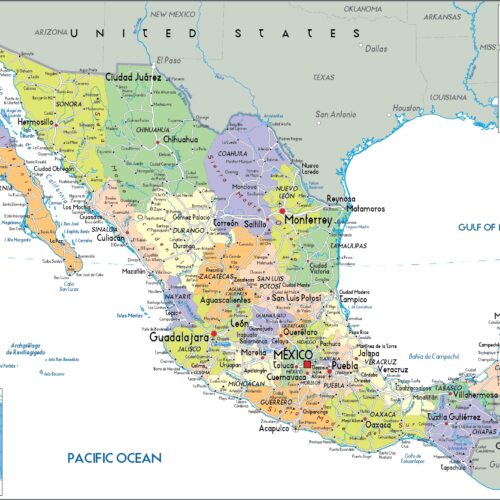 Political map of Mexico displaying all 31 states in color-coded regions with capitals, major cities, and geographic boundaries clearly labeled.