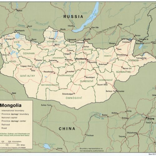 Political map of Mongolia showing provinces, international boundaries, major cities, railroads, and roads with Russia and China borders.