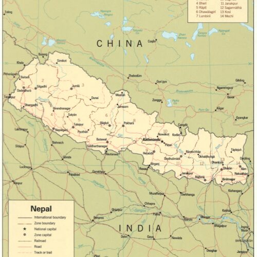 Political map of Nepal showing 14 administrative zones, major cities, international borders with China and India, railroads, roads, and geographic details on cream and sage background.