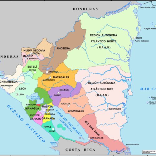 Detailed political map of Nicaragua showing color-coded departments, autonomous regions, cities, and coastlines along the Caribbean Sea and Pacific Ocean.