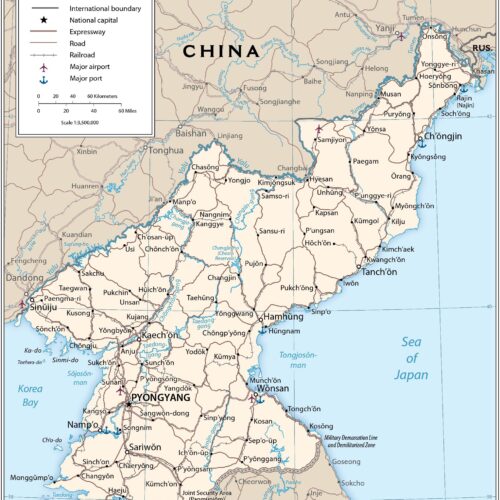 Political map of North Korea showing cities, international boundaries, transportation networks, and surrounding regions including China, Russia, South Korea, and the Sea of Japan.