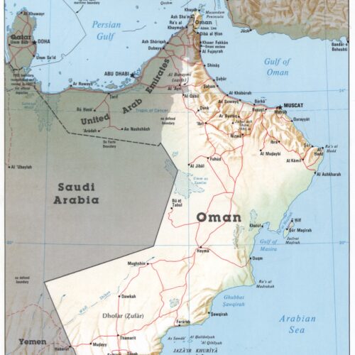 Political map of Oman showing borders, cities, and surrounding regions including Saudi Arabia, Yemen, UAE, Iran, Persian Gulf and Arabian Sea.