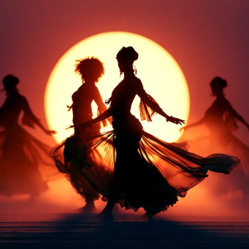 Silhouette of three graceful dancers in flowing fabrics against a bright golden sun with crimson and purple sky.
