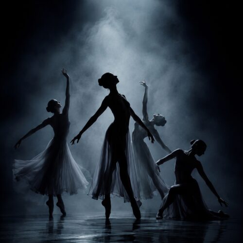 Silhouette of four graceful ballet dancers in dramatic noir style against moody blue-grey atmospheric lighting with wet reflective floor.