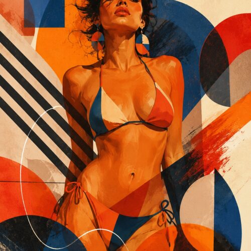 Bold Bauhaus-style portrait of a woman in bikini surrounded by overlapping geometric semi-circles, diagonal stripes, and abstract shapes in orange, blue, and red tones.