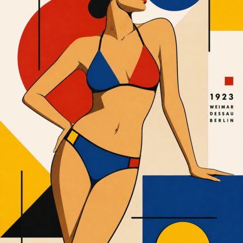 Bold Bauhaus woman portrait with geometric shapes in navy, red, and gold on cream background with modernist design elements.