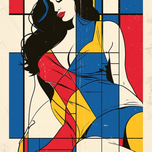 Bauhaus style portrait of a woman with flowing black hair integrated into geometric shapes in red, blue, and yellow with black grid lines.